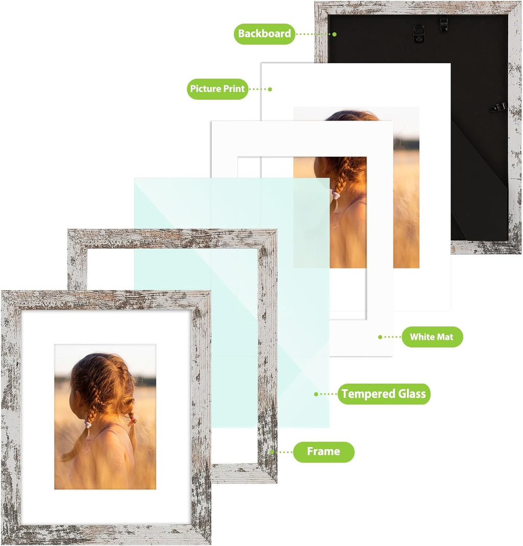 Golden State Art, 8x10 Picture Frame with Mat for 5x7 Photo - High Definition Glass Wall Mounting or Tabletop Display (Weathered White, 2 Pack)