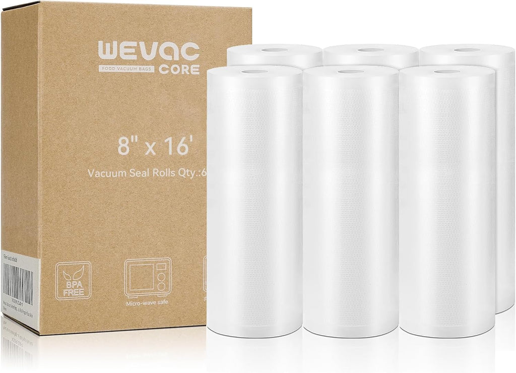 Wevac Vacuum Sealer Bags 8x16' Rolls 6 pack for Food Saver, Seal a Meal, Weston. Commercial Grade, BPA Free, Heavy Duty, Great for vac storage, Meal Prep or Sous Vide