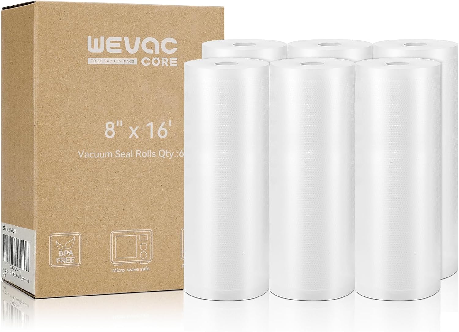 Wevac Vacuum Sealer Bags 8x16' Rolls 6 pack for Food Saver, Seal a Meal, Weston. Commercial Grade, BPA Free, Heavy Duty, Great for vac storage, Meal Prep or Sous Vide