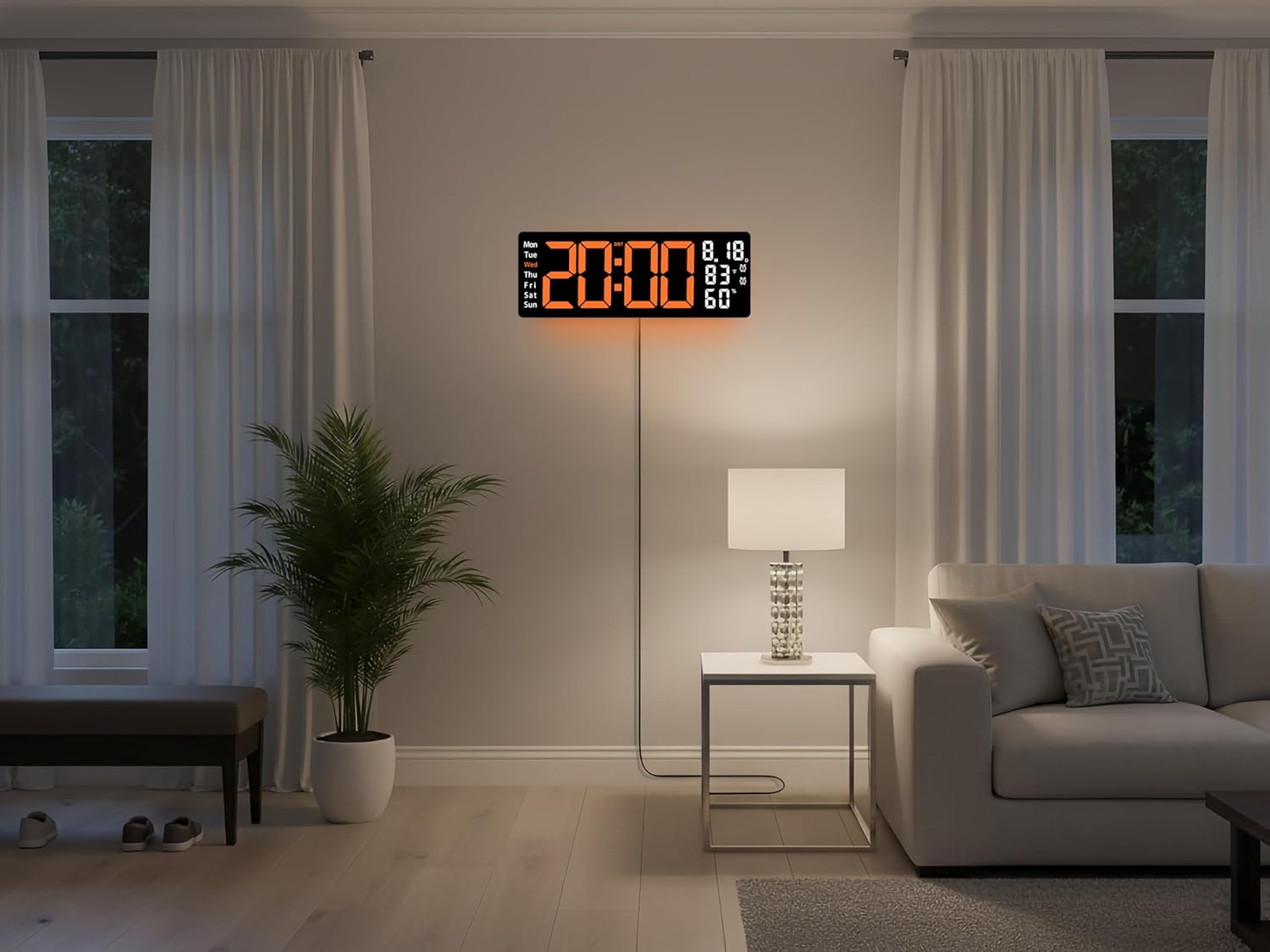17.5 Inch Orange LED Digital Wall Clock with 8 Ambient Light Colors｜Displays Time,Date,Day,Temperature&Humidity,Dual Alarms,Countdown&Stopwatch,DST,10-Level Auto/Manual Brightness｜Modern Silent Clock