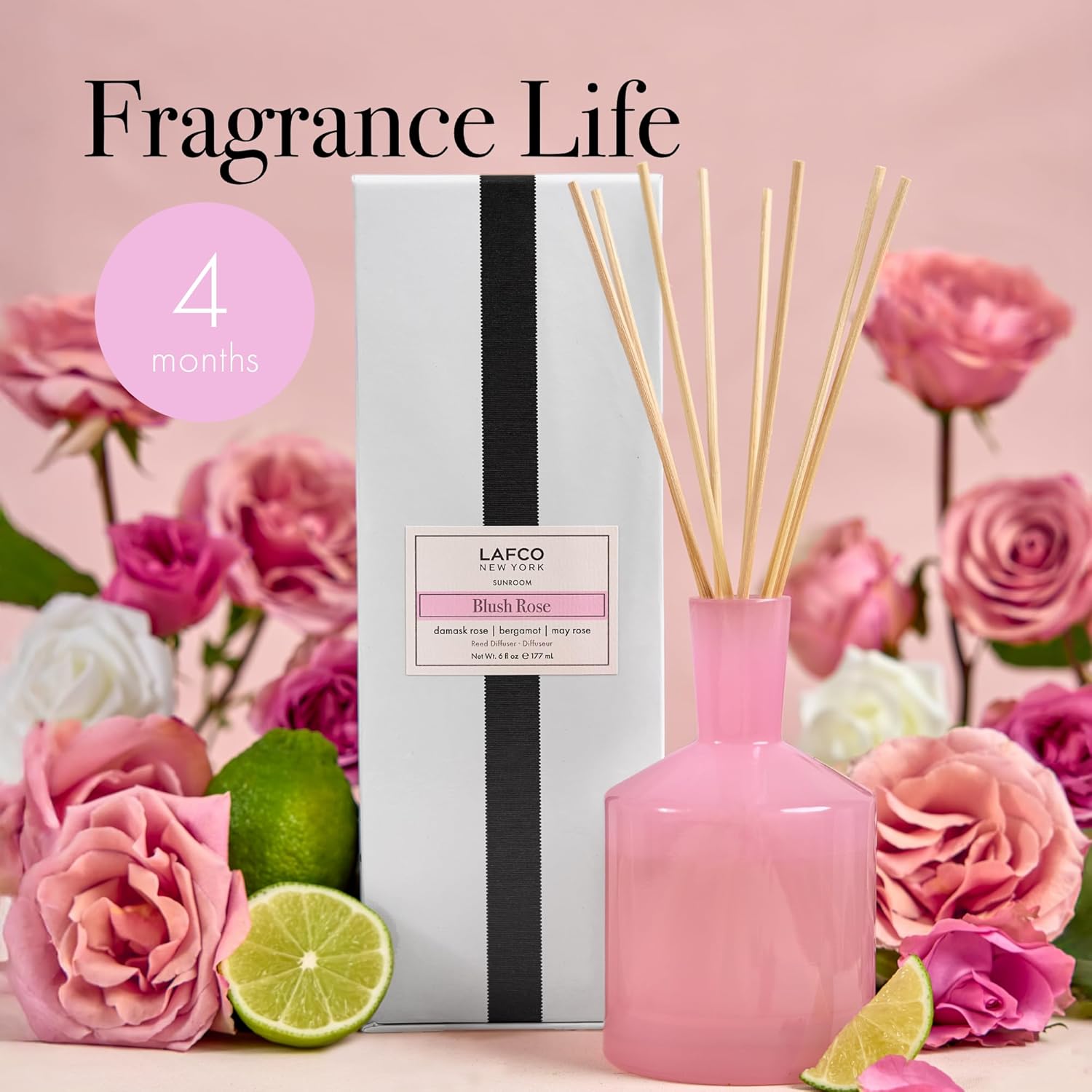 LAFCO New York Classic Reed Diffuser, Blush Rose - 6 oz - Up to 3 Months Fragrance Life - Reusable Glass Vessel - Natural Wood Reeds - Made in The USA