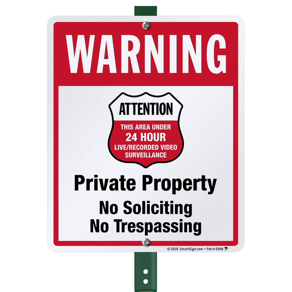 SmartSign 12" x 10" 'Warning - Private Property, No Soliciting/Trespassing, Area Under Surveillance' Yard Sign with 3 ft Stake, 40 mil Laminated Rustproof Aluminum, Red/Black/White, USA-Made