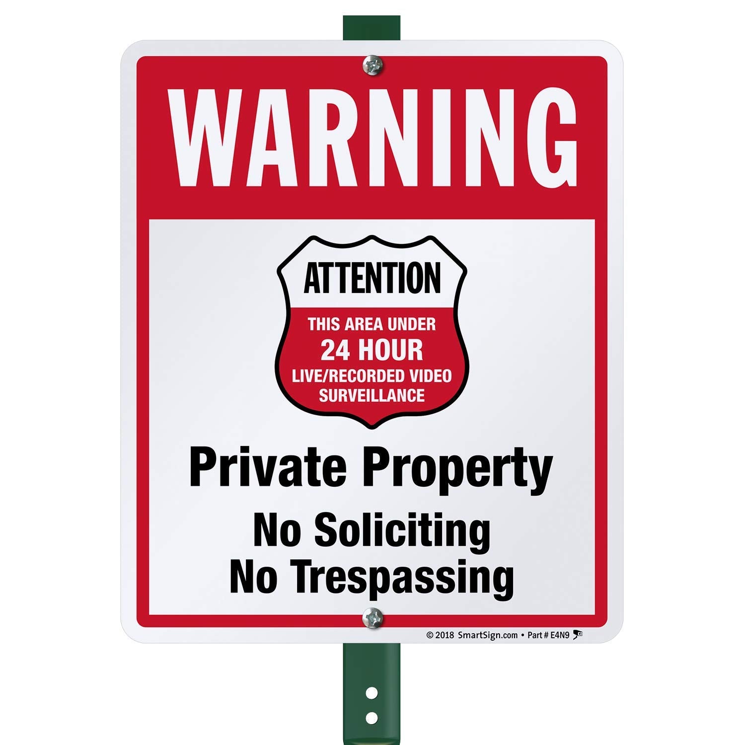 SmartSign 12" x 10" 'Warning - Private Property, No Soliciting/Trespassing, Area Under Surveillance' Yard Sign with 3 ft Stake, 40 mil Laminated Rustproof Aluminum, Red/Black/White, USA-Made