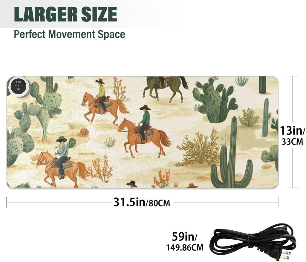 Heated Desk Pad Mouse Pad 31.5x13 Inch PU Leather Desk Mat with 3 Heat Levels Large Mouse Gaming Computer Laptop Mat Cute Cacti Desert Cowboys Horses
