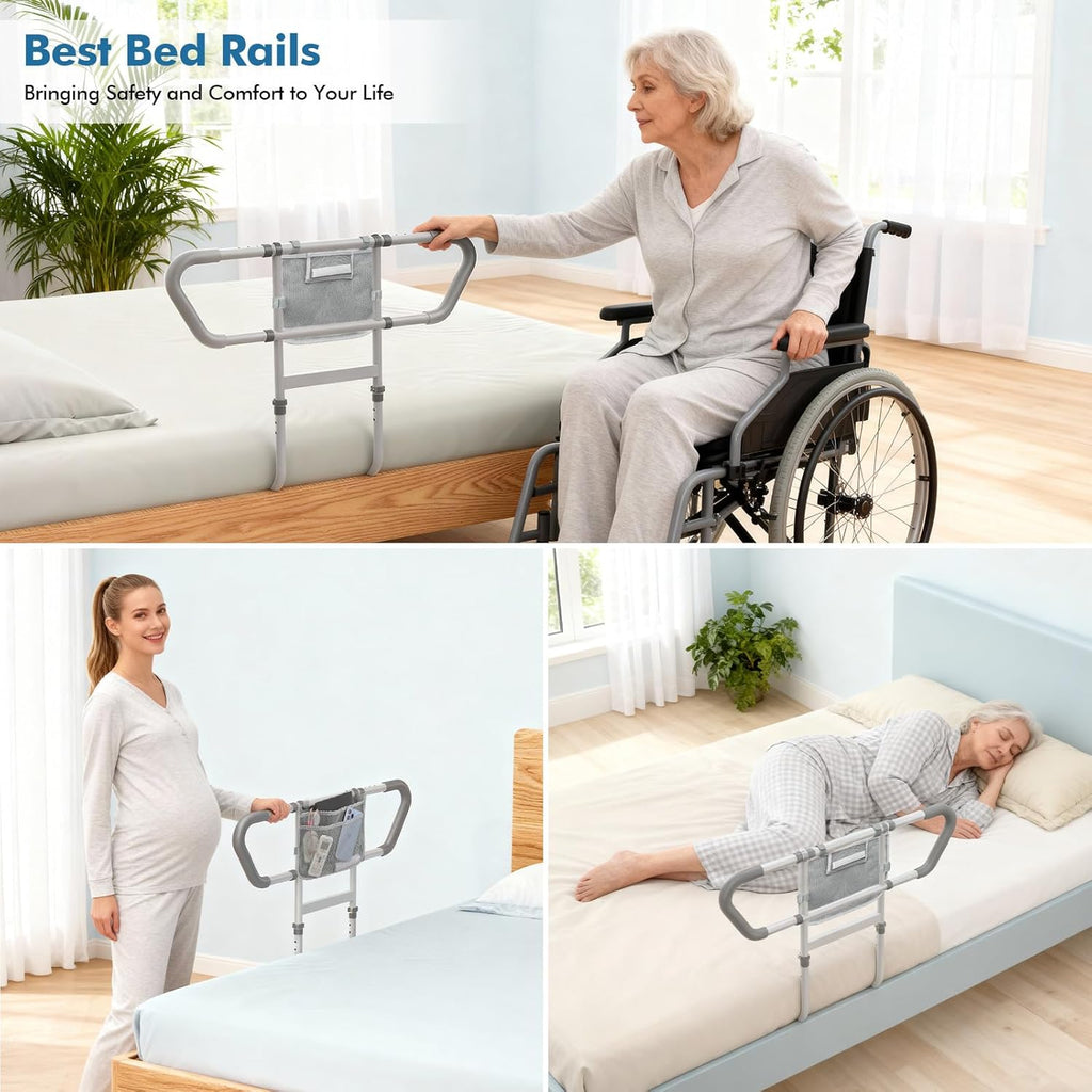Bed Rail for Elderly Adults Safety – Bed Rails for Seniors Safety, Adjustable Bedside Assist Rail with Storage Pocket, Non-Slip Handle, Motion Sensor Night Light, Heavy-Duty 400LB Support