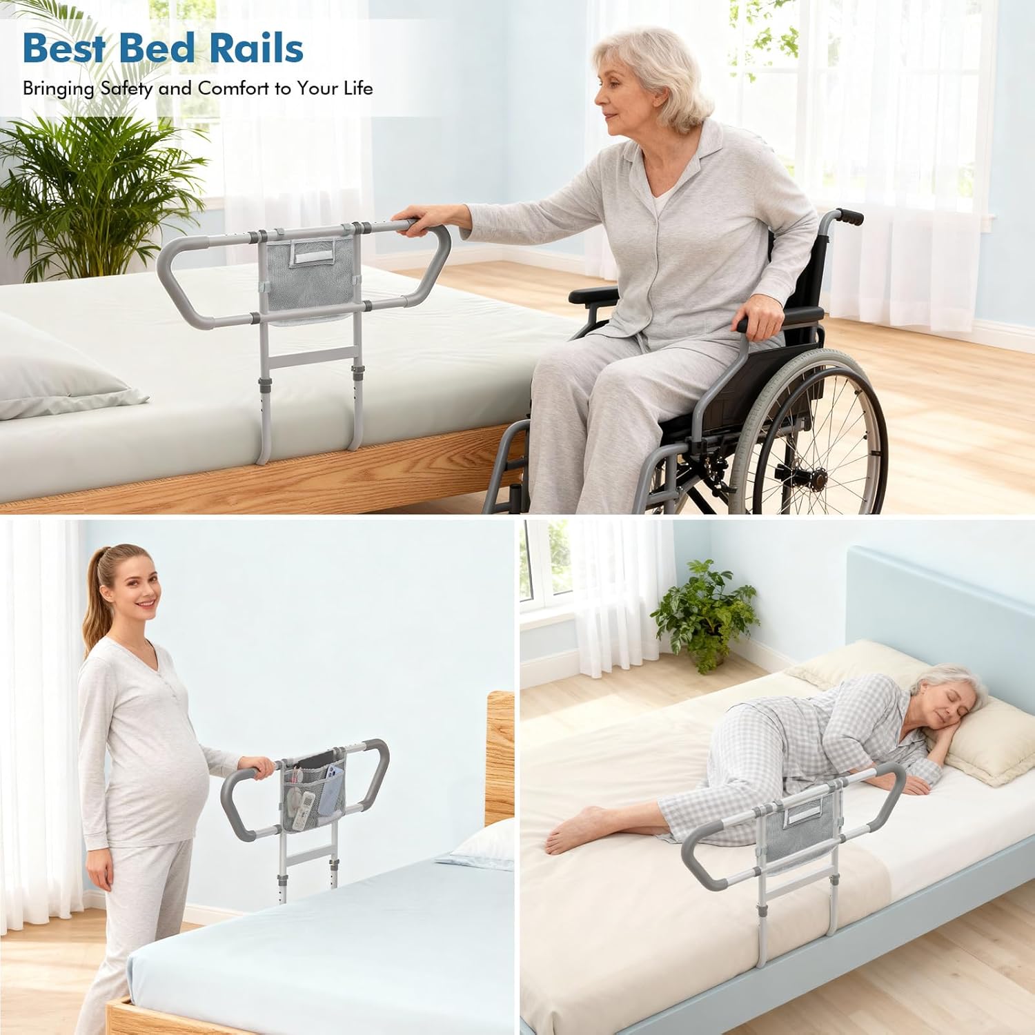 Bed Rail for Elderly Adults Safety – Bed Rails for Seniors Safety, Adjustable Bedside Assist Rail with Storage Pocket, Non-Slip Handle, Motion Sensor Night Light, Heavy-Duty 400LB Support