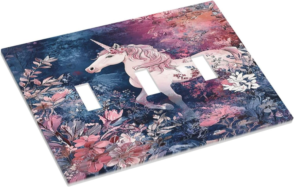 Decorative Light Switch Cover Plate Fantastic Pink Unicorn Wildflower Forest 3 Gang Wall Plate Triple Toggle Switch Plate Covers Electrical Outlet Cover for Bedroom Kids room Decor