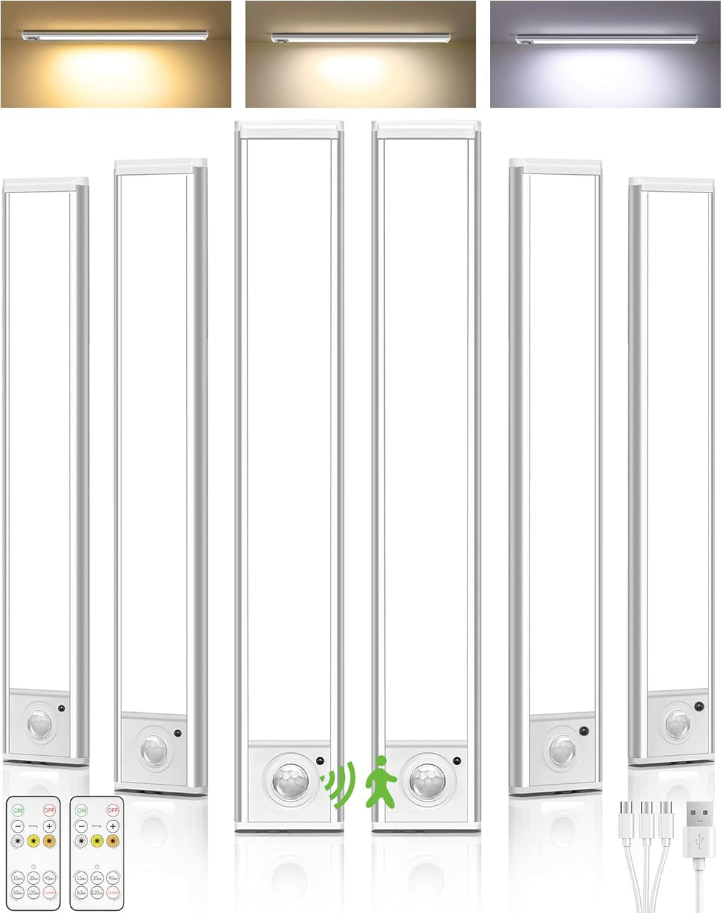 6Pack 12inch Under Cabinet Lighting, Rechargeable Motion Sensor Light Wireless Indoor, Dimmable 3 Color Temps Closet Lights with Remote, Indoor Under Counter LED Lights for Kitchen, Stairs