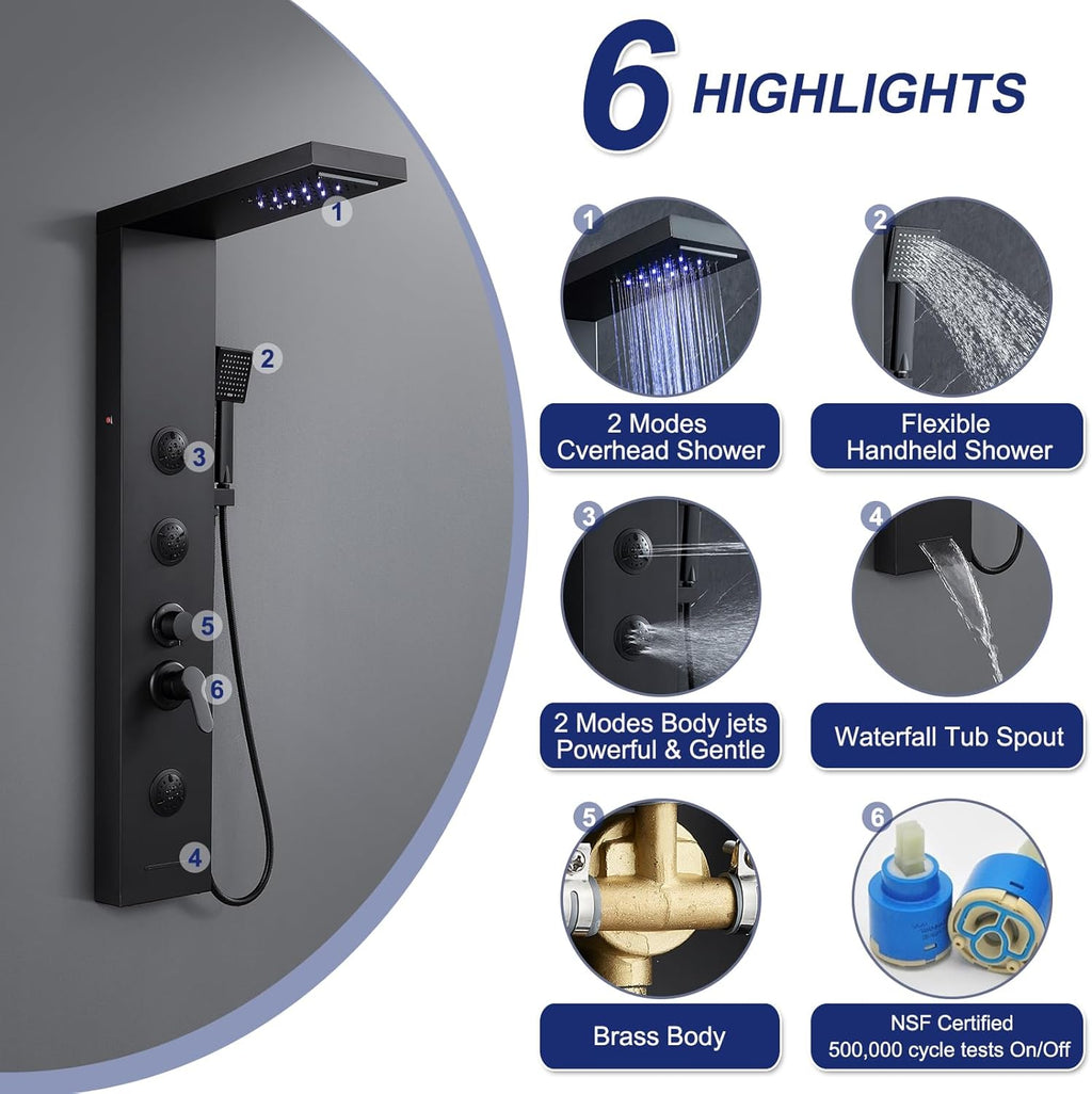 ROVATE LED Shower Panel Tower System with Rainfall Waterfall Shower, Matte Black Shower Panel with Jets and Rainfall and Handheld, 5 in 1 Stainless Steel Shower Tower High Pressure with Tub Spout