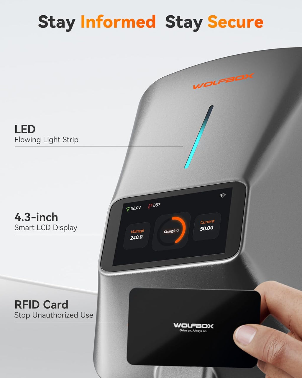 WOLFBOX EV Charger Level 2 50 Amp - Smart Display, RFID Card, 25ft Cable, Outdoor/Indoor, Hardwired Level 2 Charger, WiFi Enabled Electric Car Charger, 240V Electric Vehicle Charging Stations