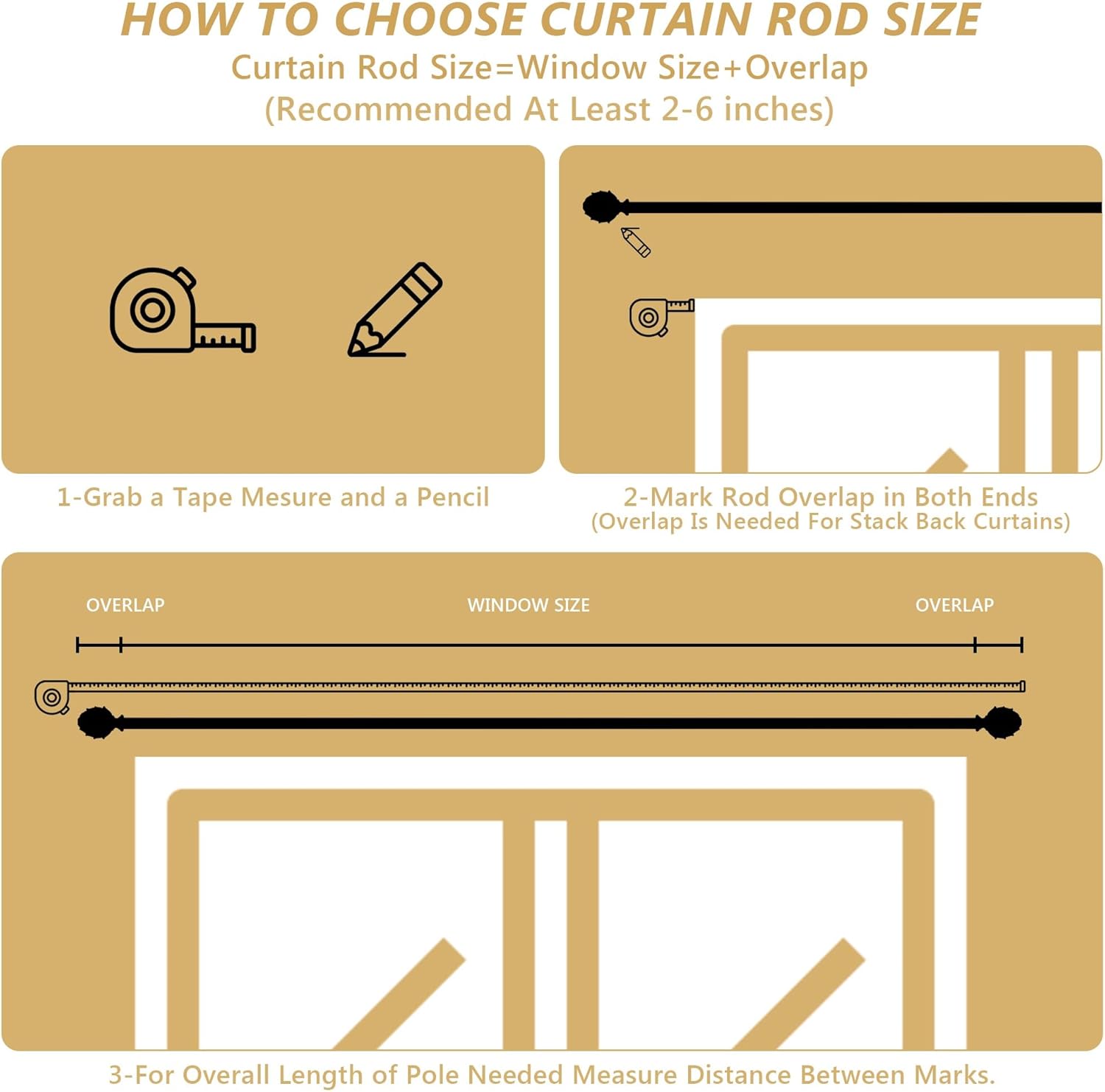 Curtain Rods 28"-48" Adjustable, Gold, Metal, Wall Mounted, Single Window Treatment Rods with Classic Finials