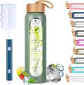 Aqulea Glass Water Bottles 25 Oz with Silicone Sleeve - BPA Free Reusable Wide Mouth Glass Motivational Water Bottles with Fruit Infuser – Leak Proof Borosilicate Water Bottle with Time Marker (Green)