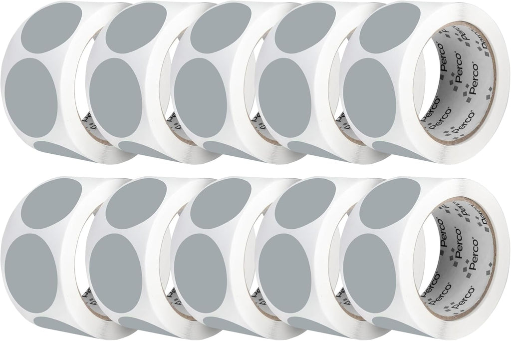 Perco Grey 2-Inch Perforated Circle Dot Sticker Labels — 10 Rolls, 5,000 Round Stickers — with Permanent Adhesive for Organizing, Color Coding, Bin Labeling, Packaging Alerts—Made in USA