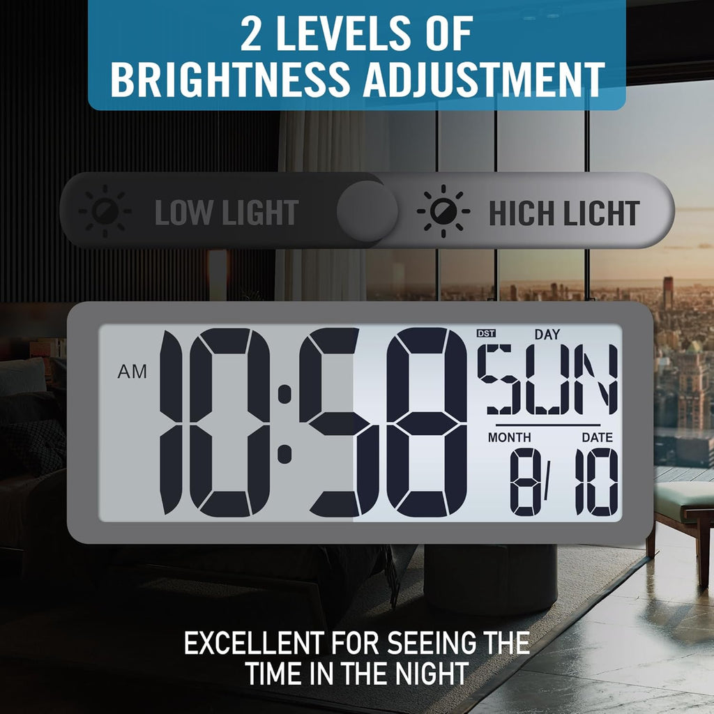 TXL Rechargeable Atomic Clock with Backlight, 14.2" Large Display Digital Wall Clock Battery Operated with Day, Date & Temperature, Large Wall Clock for Bedroom, Livingroom, Office（White）