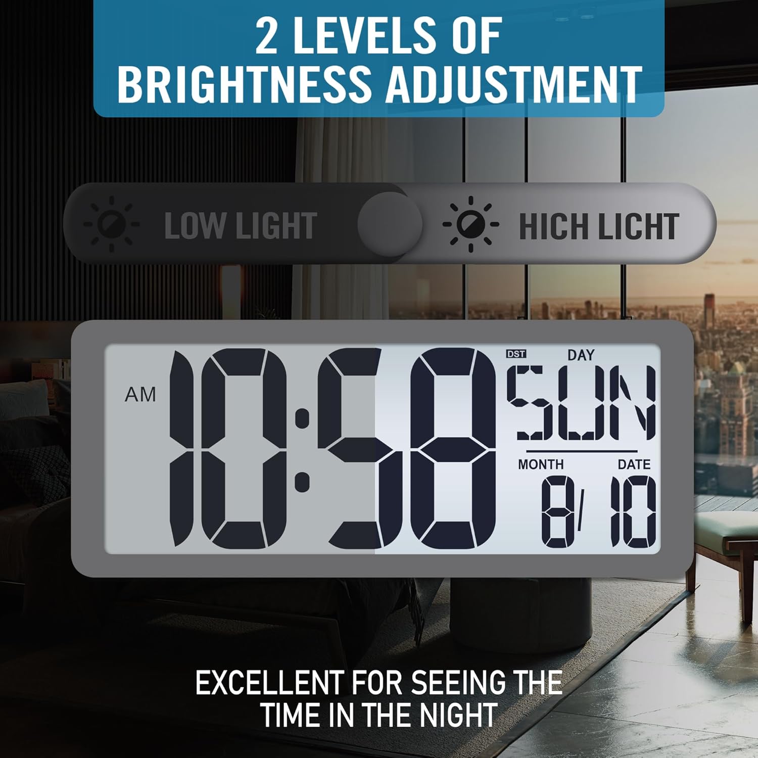 TXL Rechargeable Atomic Clock with Backlight, 14.2" Large Display Digital Wall Clock Battery Operated with Day, Date & Temperature, Large Wall Clock for Bedroom, Livingroom, Office（White）