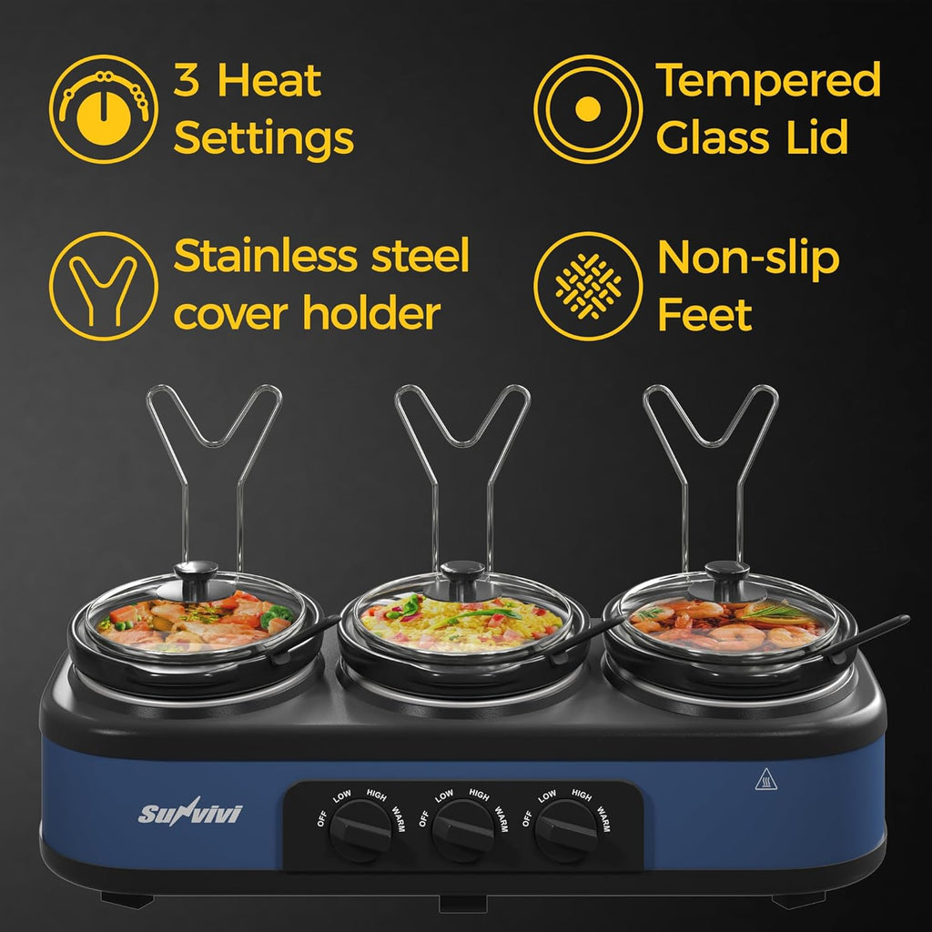 Triple Slow Cooker, Buffet Food Warmer with 3 x 1.5 QT Removable Ceramic Pots, Buffet Servers and Warmers with Glass Lids and 3 Spoons, Stainless Steel, Blue