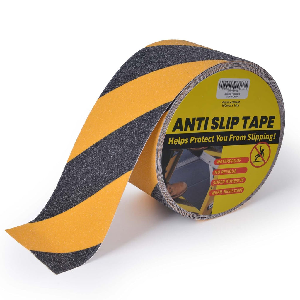TAPEBEAR Non Slip Hazard Tape 4inch x 60feet, Black and Yellow Safety Tape, Anti Slip Caution Tape Roll, Nonslip Warning Floor Tape for Indoor Outdoor Steps Stairs, Strong Grip Tape