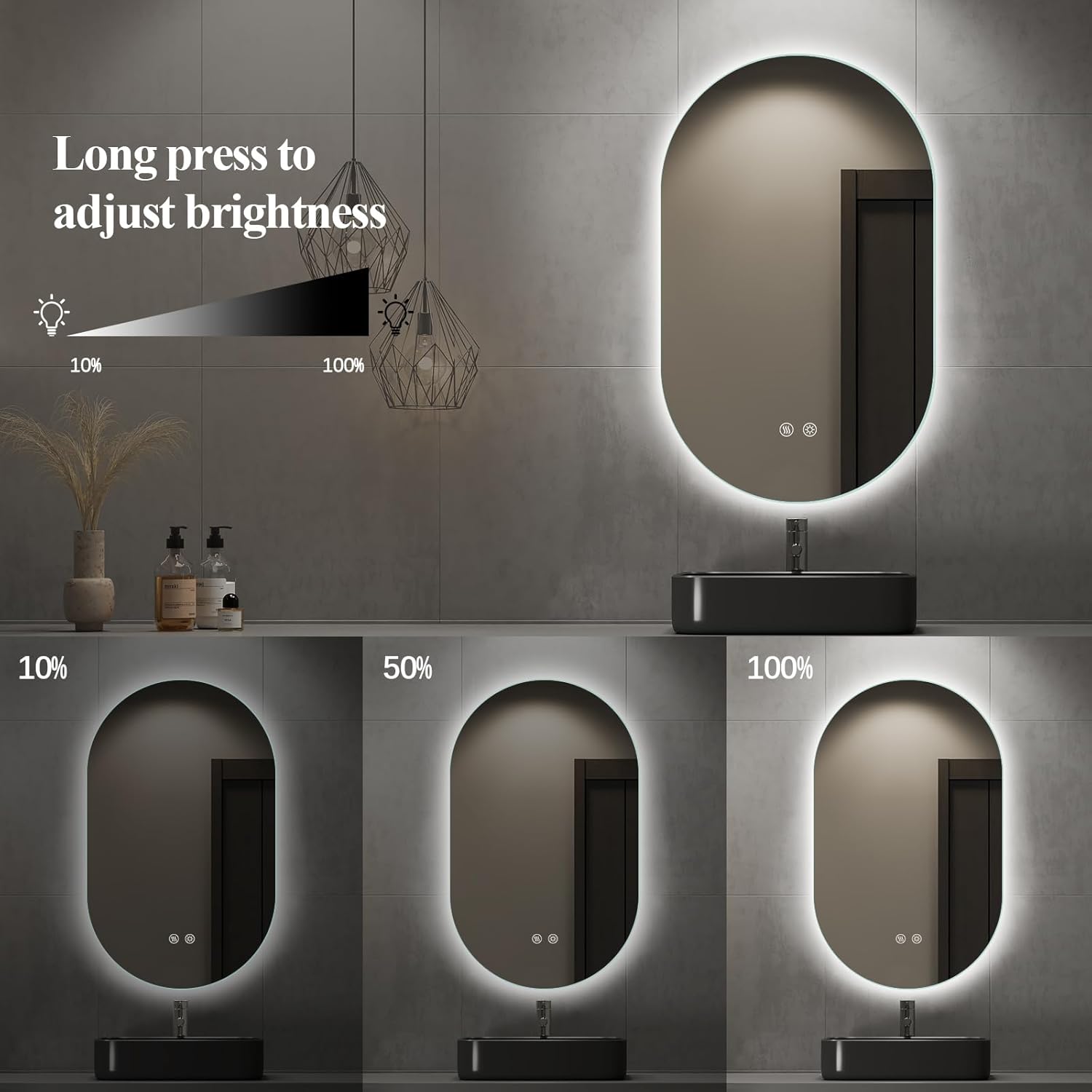 Niccy Oval LED Bathroom Vanity Mirror, 36x22inch Frameless Backlit Mirror with Light, Smart Anti-Fog Waterproof Mirror with Memory Function Dimmable Lighted Mirror
