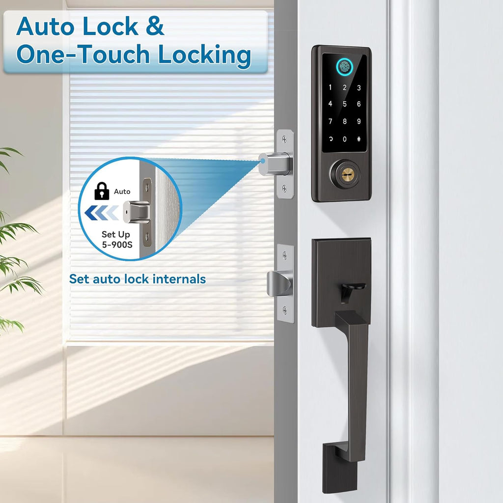 Fingerprint Door Lock with Handle Sets, BEBASIA Keyless Entry Door Lock, Bluetooth Front Door Lock Set, Smart Deadbolt, Electronic Keypad Digital Lock with Handle, Aged Bronze