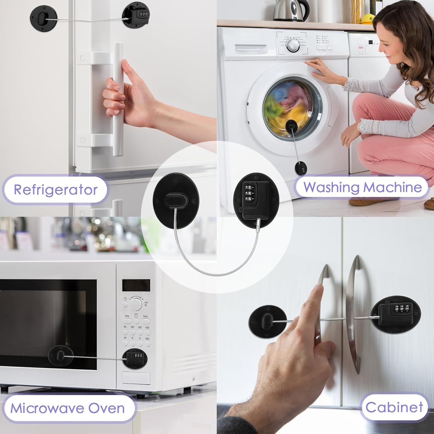 4PCS Fridge Lock Combination, Self-Adhesive Refrigerator Locks Freezer Door for Adults with Password (Black) (Round)
