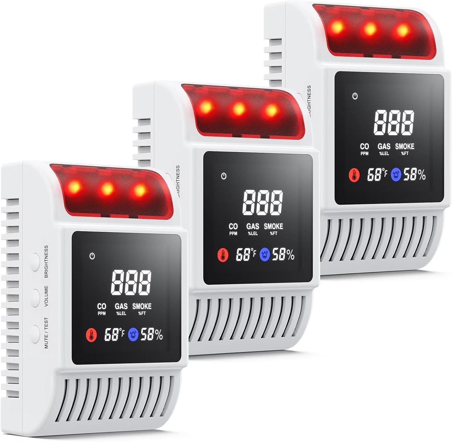 6-in-1 Smoke and Carbon Monoxide Detectors Plug in, Gas Leak Detector with Battery Backup Slot, Adjustable Brightness & Volume Levels, Smoke Alarm with Temp/Humidity for Home, RV, Travel(MR818,3-Pack)