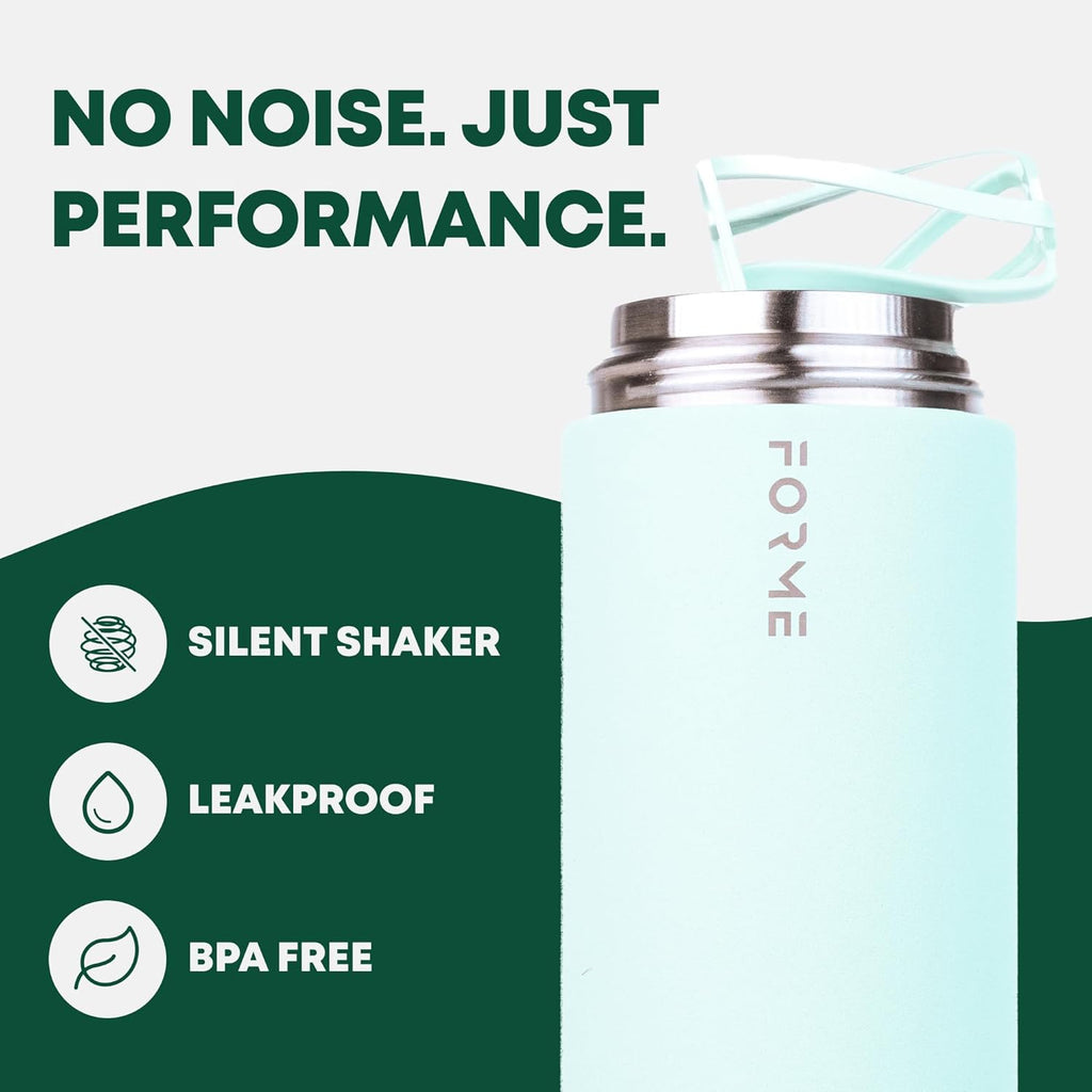 FORME - Blender Shaker Bottle, Leakproof Double Insulated Stainless Steel, Noiseless Shaker Bottle for Hot & Cold Drinks with Supplement Storage, Ideal for Protein & Shakes (Sea Mist, 16.9 oz)