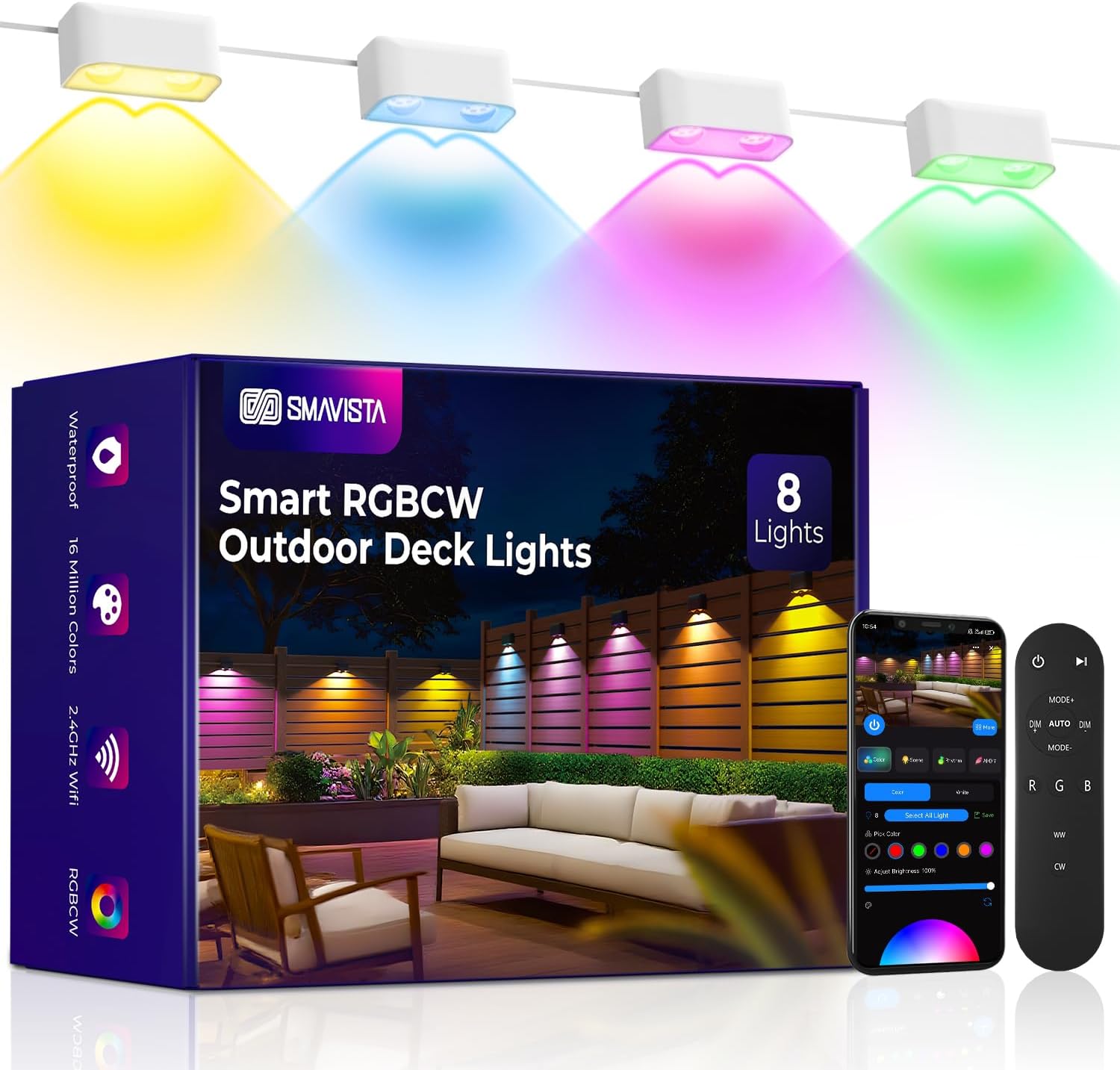 Outdoor Deck Lights 8 Packs, Smart RGBCW Fence Light, 100+ Scene Modes, Dual Lens LED String Lights with APP/Voice/Remote Control, IP65 Waterproof for Halloween Christmas Decor, 52ft White