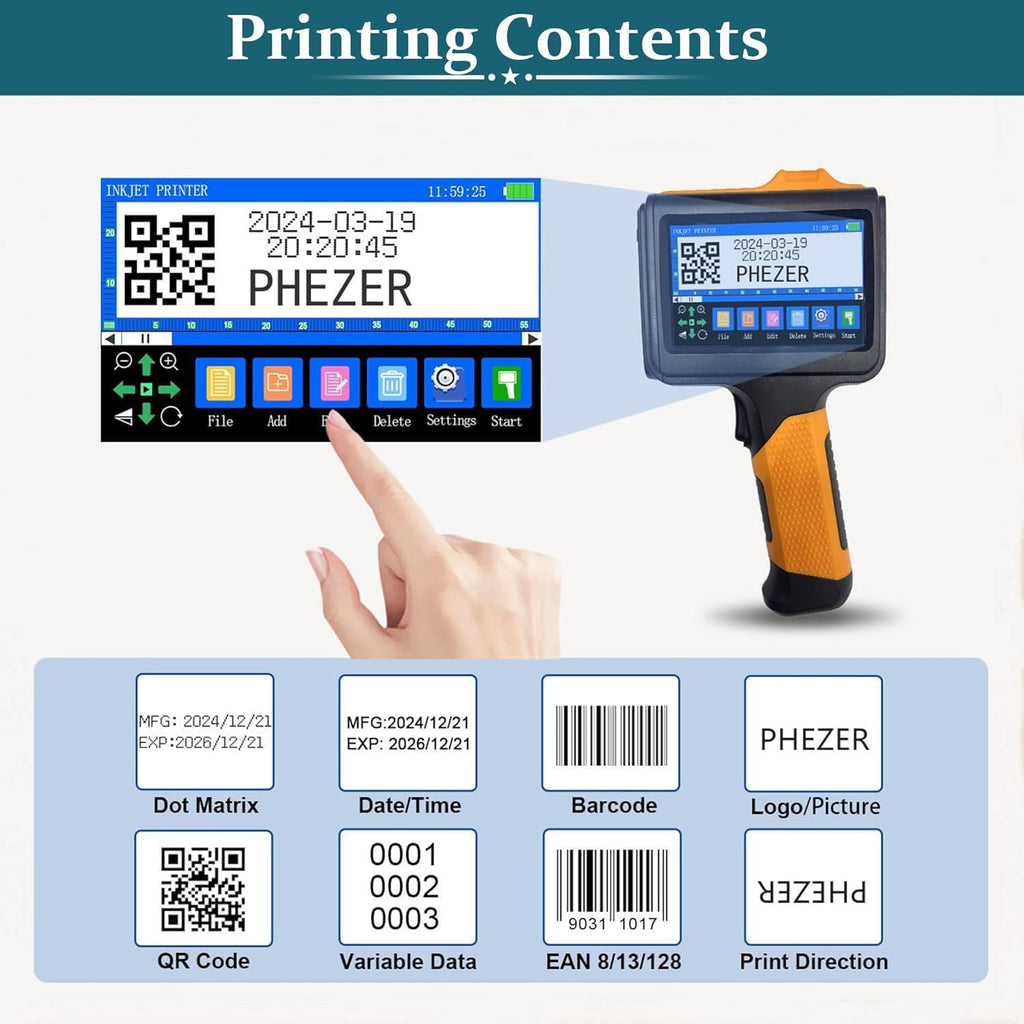 Phezer P19 Handheld Inkjet Printer for Any Surface, Portable 360° All-Round Coding Machine Print Height 2-12.7mm for Date/Time/Barcode/QR Code/Logo, with Cartridge(Anti-Slip Handle, Upgrade Version)