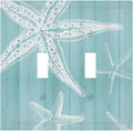 Decorative Light Switch Cover Plate Starfish Teal Wood Board Nautical 2 Gang Outlet Covers Double Toggle Wall Plates for Electrical Outlets Switch Plate Covers Faceplate for Bedroom Home Decor