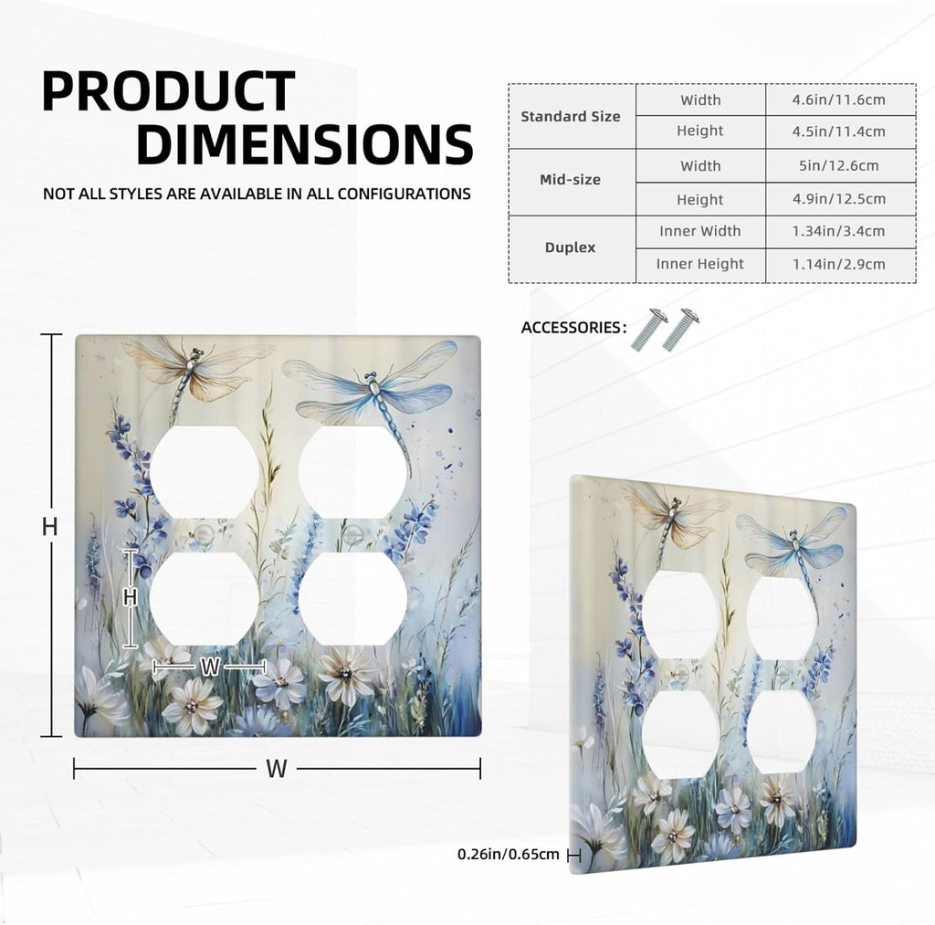Decorative Outlet Covers Watercolor Dragonfly Blue Wihte Flower 2 Gang Light Switch Cover Plate Double Duplex Wall Plates for Electrical Outlets Switch Plate Covers for Bedroom Home Decor