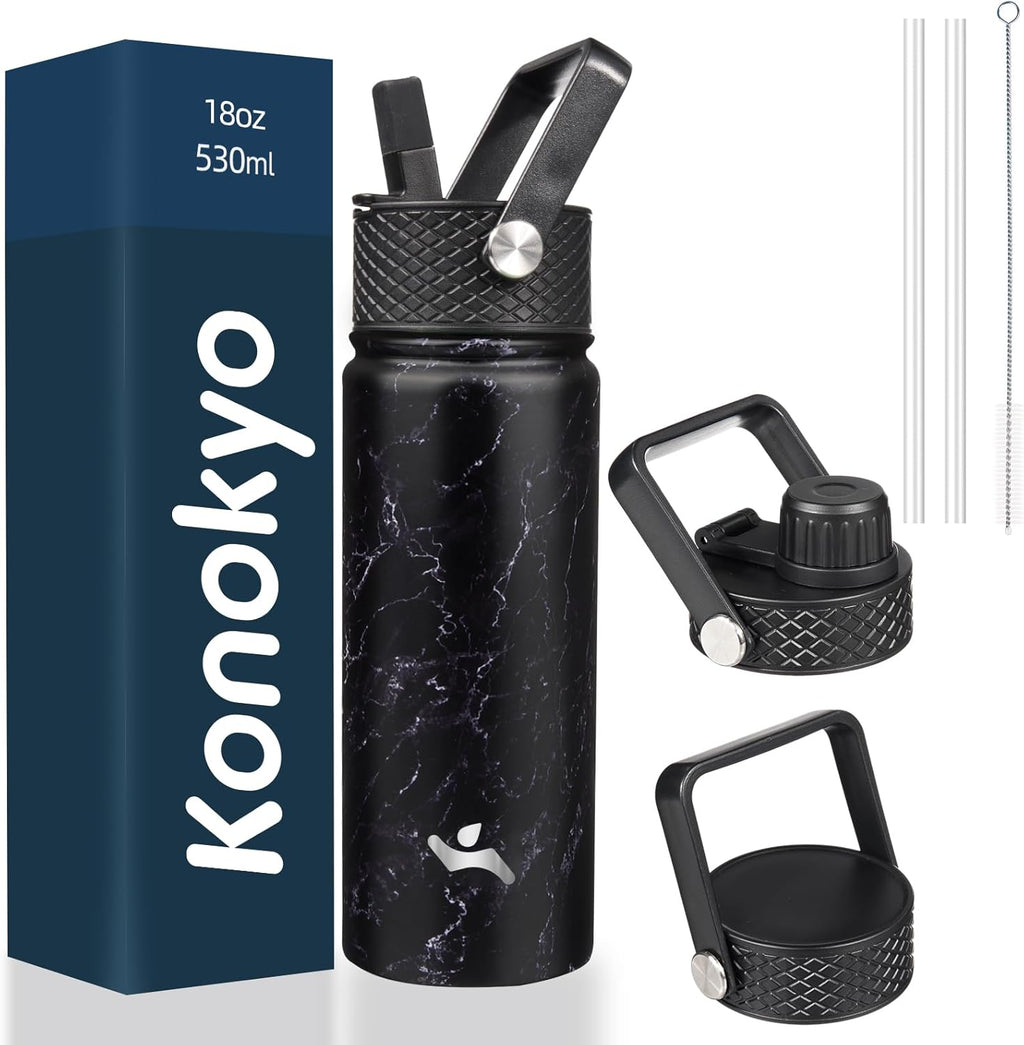 18 oz Insulated Water Bottle Stainless Steel Sport Bottles with 3 Lids,Marble Midnight