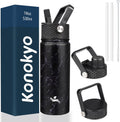 18 oz Insulated Water Bottle Stainless Steel Sport Bottles with 3 Lids,Marble Midnight