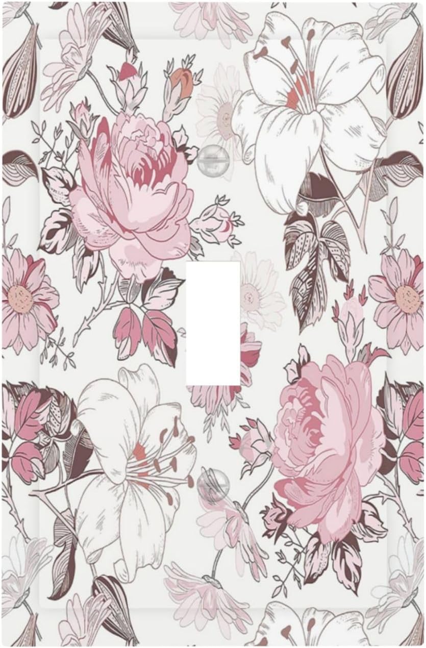 Decorative Light Switch Cover Modern Watercolor Flower Pink White Wildflower 1 Gang Single Toggle Decorator Outlet Wall Plate Device Electrical Faceplate Switchplates for Bedroom Home Decor