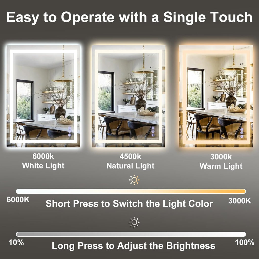 GLSLAND LED Bathroom Mirror - 55"x30" Anti-Fog Lighted Wall Mirrors with Memory Function, Dimmable, Frontlit & Backlit, Horizontally/Vertically, Tempered Glass