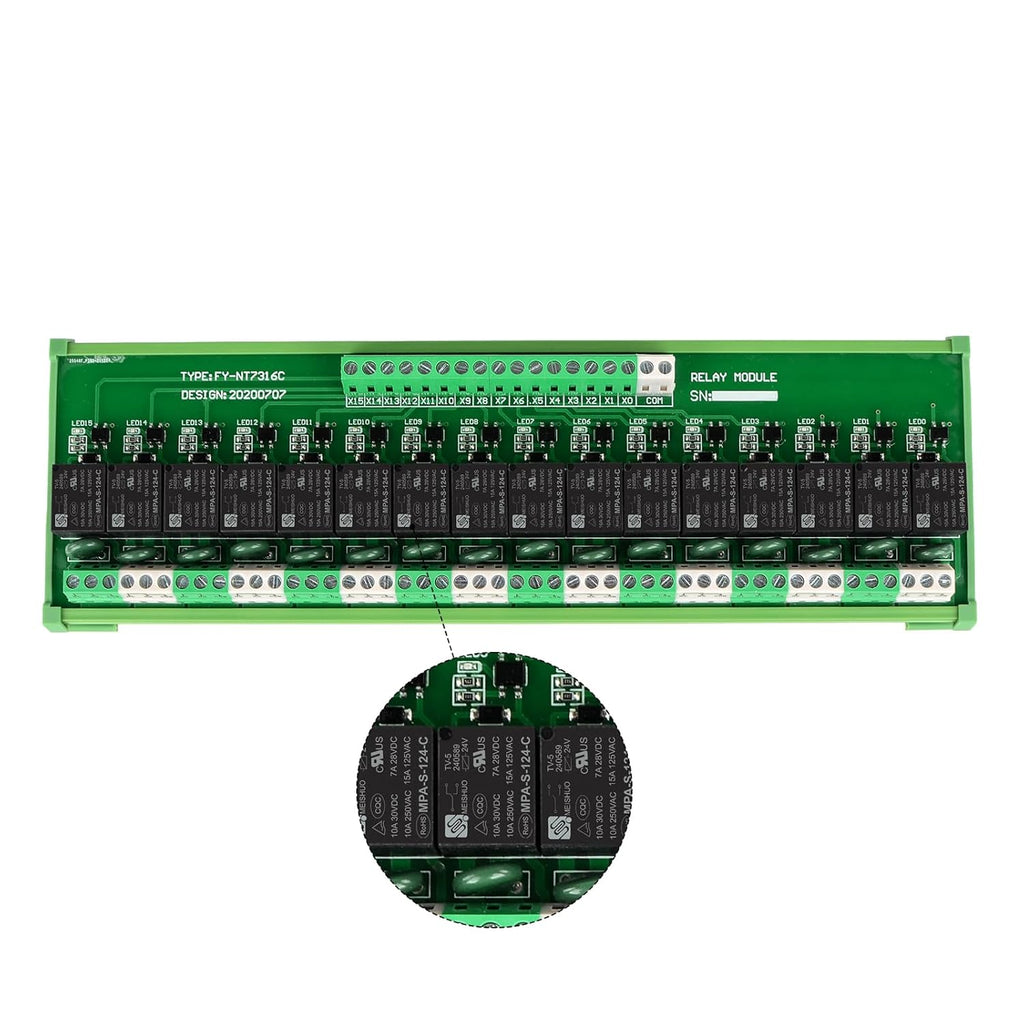 Relay Board, 16 Channel 1 SPDT DIN Rail Mount 24V DC/AC Relay, Interface Board