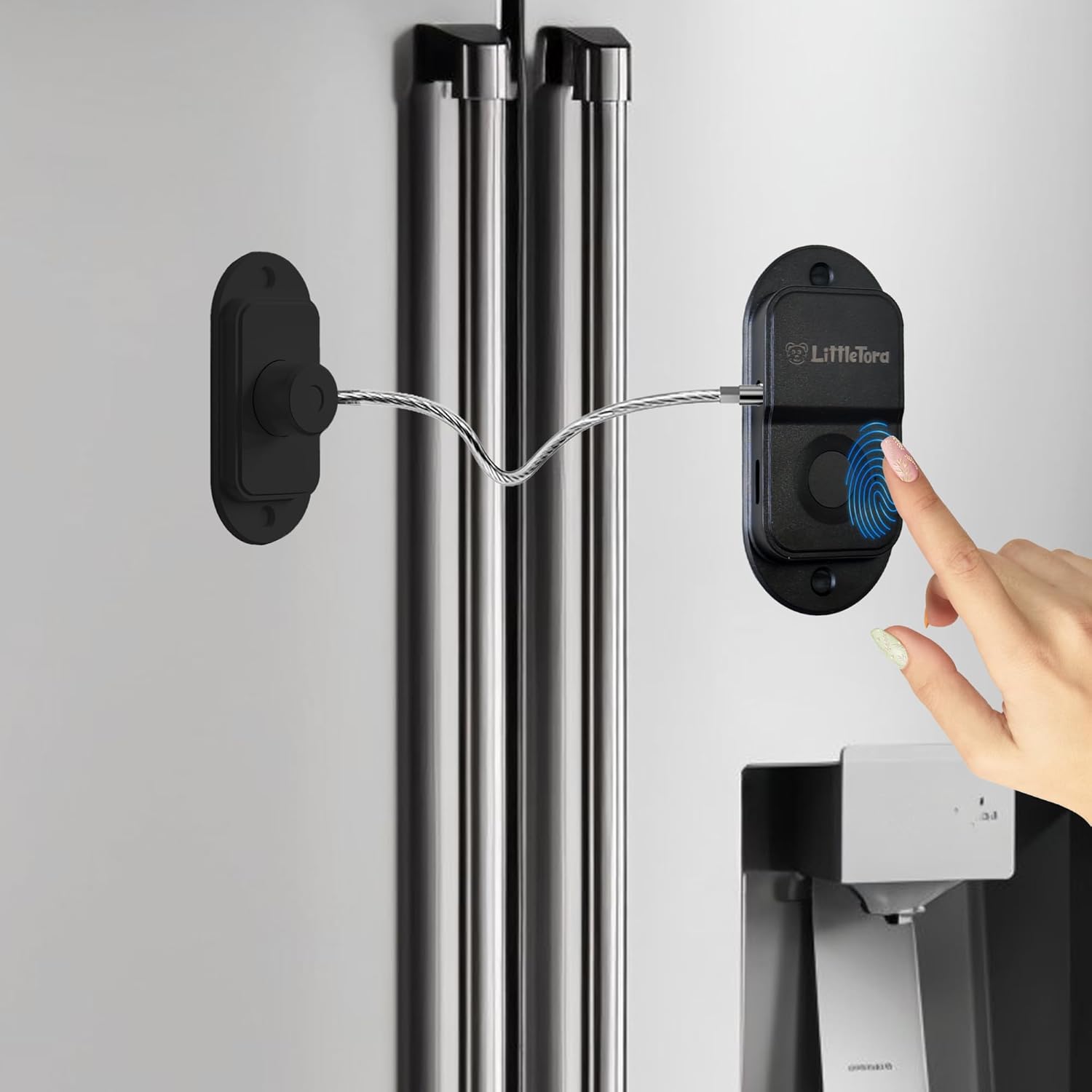 Fingerprint Fridge Lock - Childproof Security Locking for Refrigerator Freezer Cabinet Furniture Doors - 90 Degree Cable Window Locks Smart Biometric Access with Adhesive Drill Installation