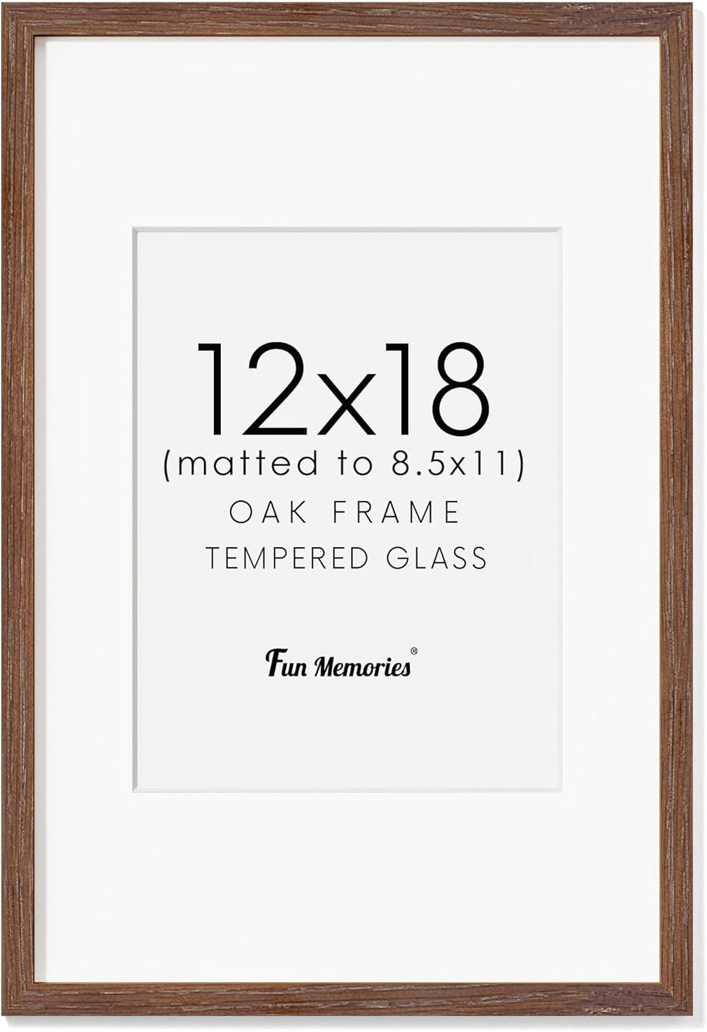 Fun Memories Solid Oak Wood Picture Frame 12"x18" for Wall - Tempered Real Glass, Matted to 8.5x11, Poster Frame (Walnut Color, 1 Pack)