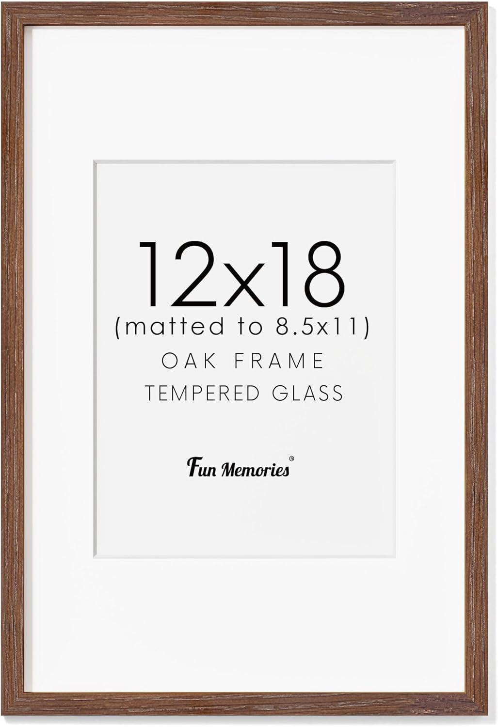 Fun Memories Solid Oak Wood Picture Frame 12"x18" for Wall - Tempered Real Glass, Matted to 8.5x11, Poster Frame (Walnut Color, 1 Pack)