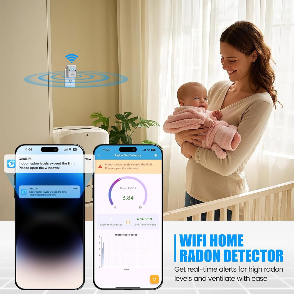 WiFi Home Radon Detector, Portable Radon Meter with Real-Time Short & Long-Term Monitoring, Plug-in Design, Instant Alerts & App Control