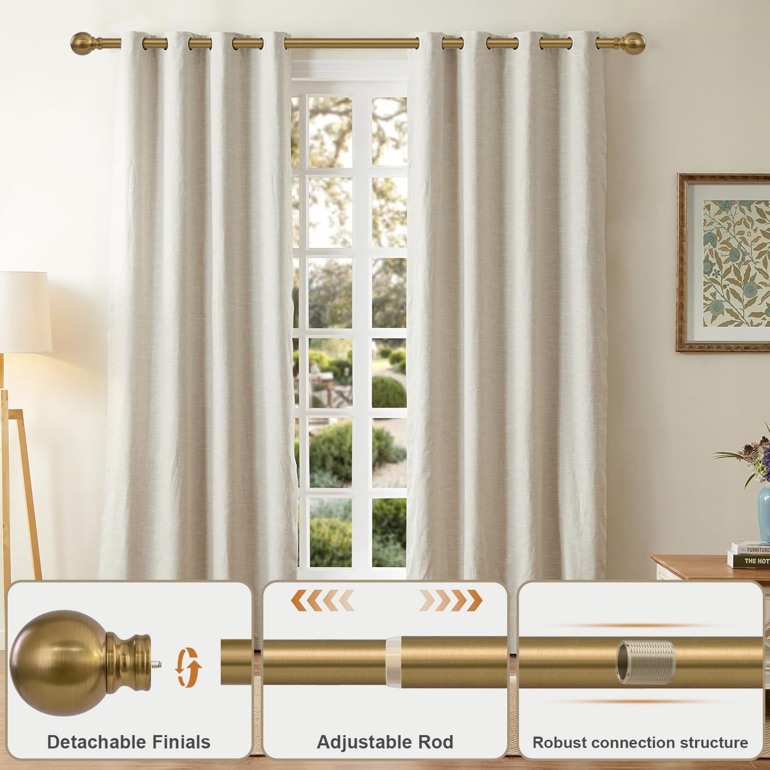 2 Pack Warm Gold Curtain Rods Set for Windows 66 to 120 Inch Brass Long Adjustable Window Curtain Rod Heavy Duty 1" Diameter with Metal Finials for Living Room Bedroom Farmhouse Kitchen Outdoor