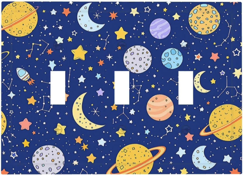 Stars Starry Night Sun Moon Planet Constellations Decorative Switch Plates 3 Gang Wall Plate Triple Toggle Light Switch Cover Electrical Wall Panels Faceplate for Bedroom Bathroom Decor