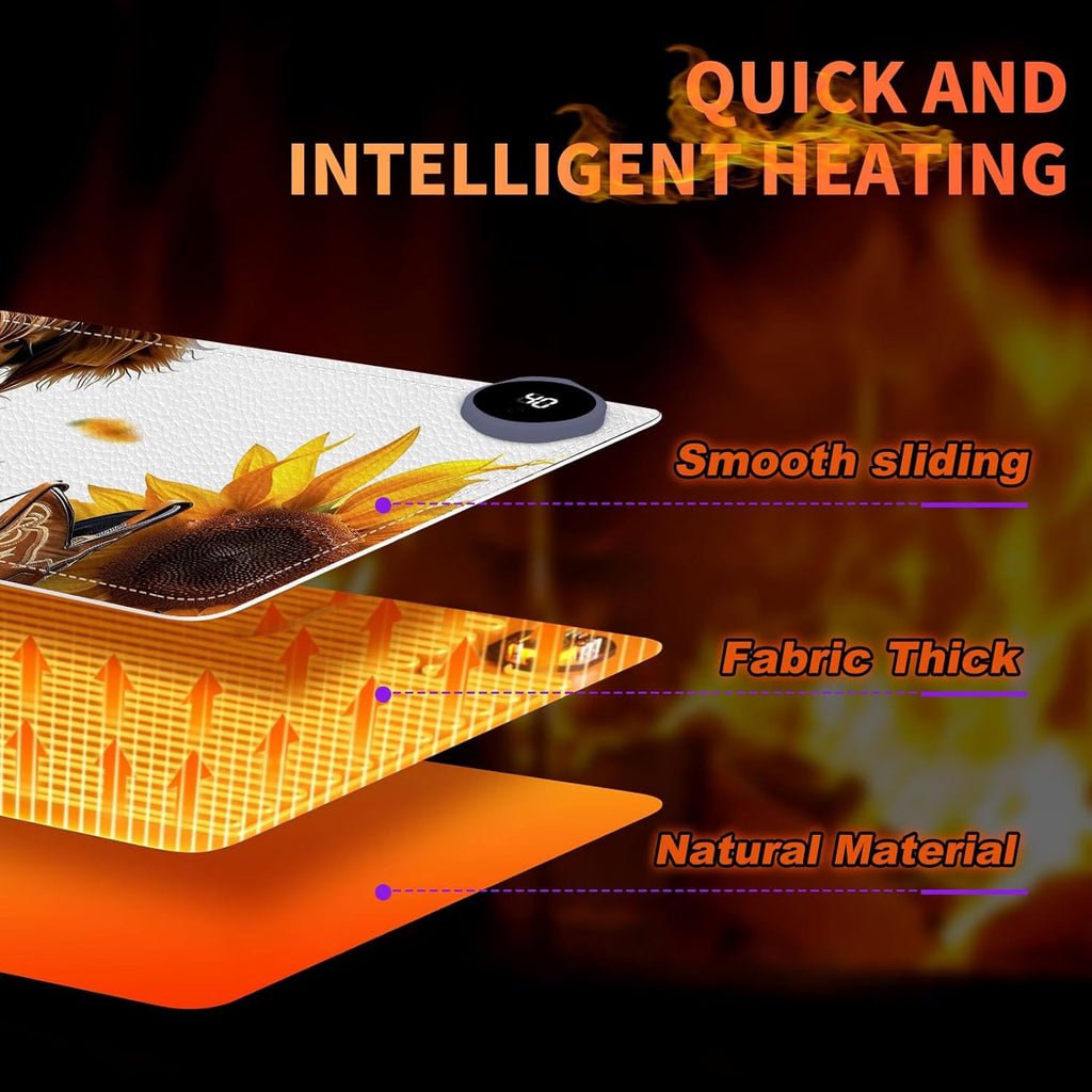 Heated Mouse Pad, Warm Desk Pad, Keyboard Mat 31.5 x 13 Inch Large Size Intelligent Fast Heating, 3 Speed Adjustable, Timed Auto Power Off for Game Office Home,Sunflower Highland Cattle