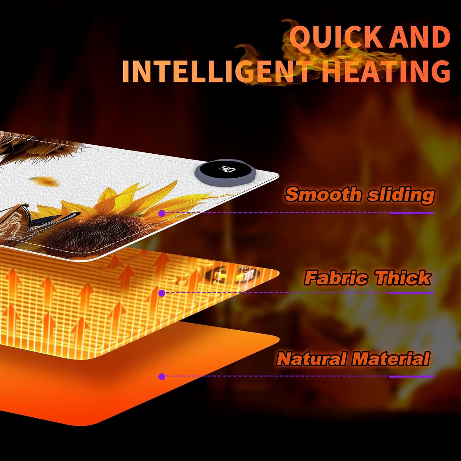 Heated Mouse Pad, Warm Desk Pad, Keyboard Mat 31.5 x 13 Inch Large Size Intelligent Fast Heating, 3 Speed Adjustable, Timed Auto Power Off for Game Office Home,Sunflower Highland Cattle