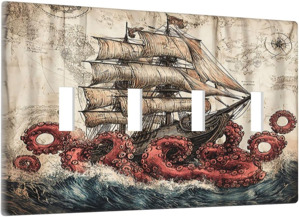 Light Switch Covers Vintage Octopus Ocean Sailboat Bizarre Adventure Quad Toggle 4 Gang Wall Plate Electrical Faceplate Decorative Switch Plates for Bathroom Kids room Decor