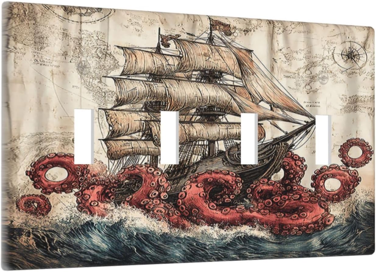 Light Switch Covers Vintage Octopus Ocean Sailboat Bizarre Adventure Quad Toggle 4 Gang Wall Plate Electrical Faceplate Decorative Switch Plates for Bathroom Kids room Decor