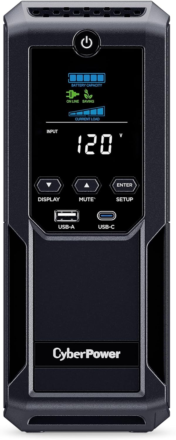 CyberPower CP1350AVRLCD3 Intelligent LCD UPS System, 1350VA/815W, 12 Outlets, 2 USB Ports, AVR, Mini Tower, Black