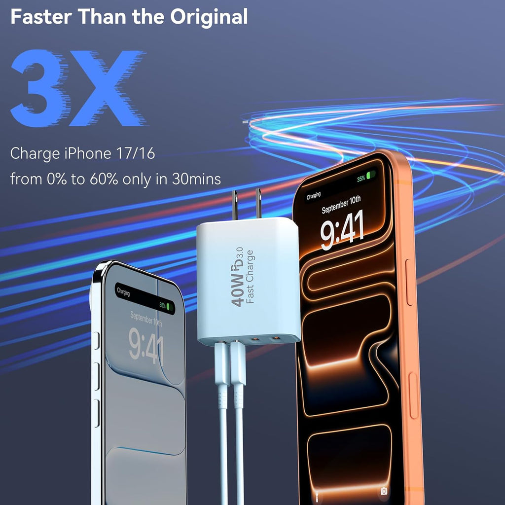 USB C Wall Fast Charger Block, 40W 4-Port Type C Chargers Fast Charging Blocks for Phone 17/16/15/14/13/12 Pro Max, Pad, Galaxy S24/23-2Pack Gradient Blue