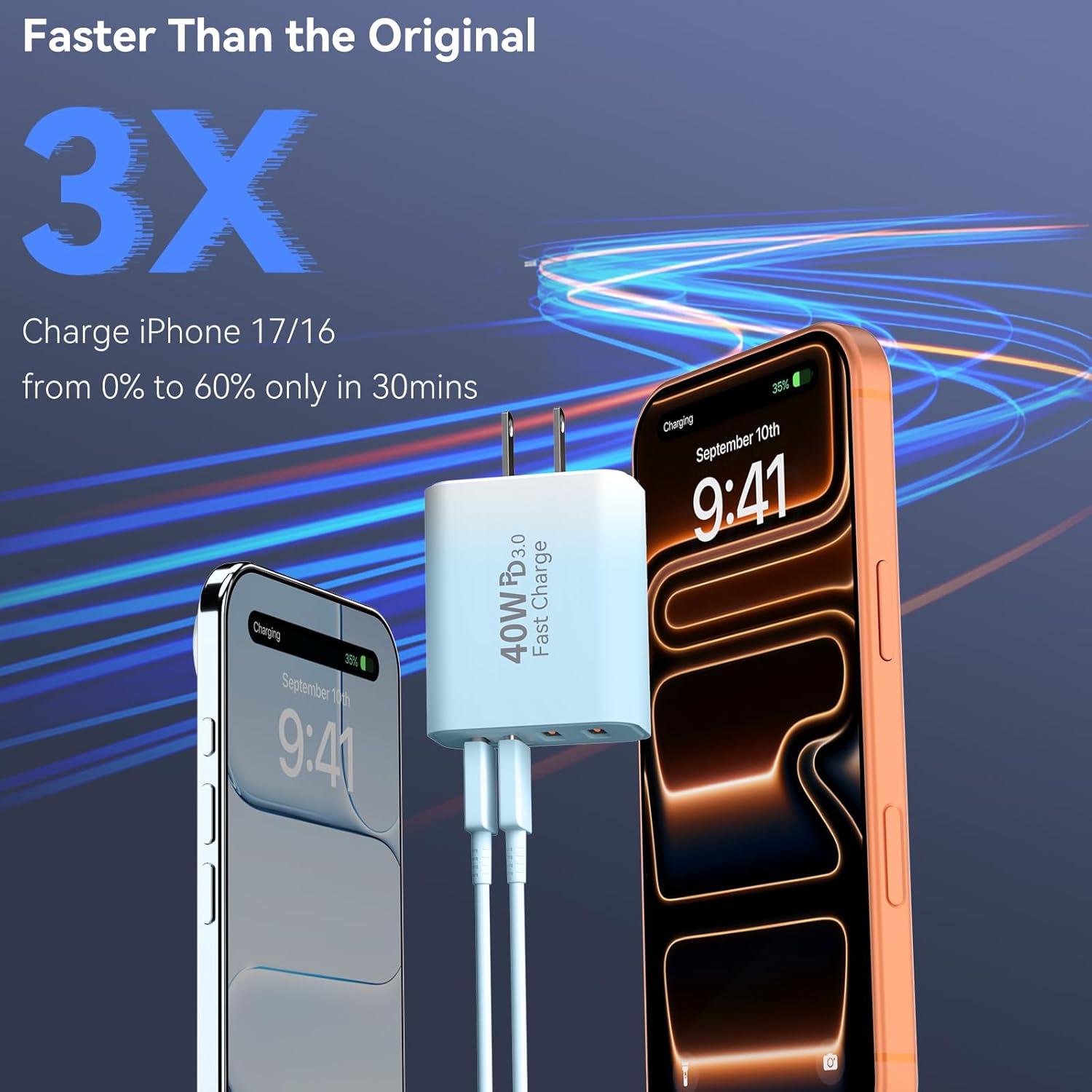 USB C Wall Fast Charger Block, 40W 4-Port Type C Chargers Fast Charging Blocks for Phone 17/16/15/14/13/12 Pro Max, Pad, Galaxy S24/23-2Pack Gradient Blue