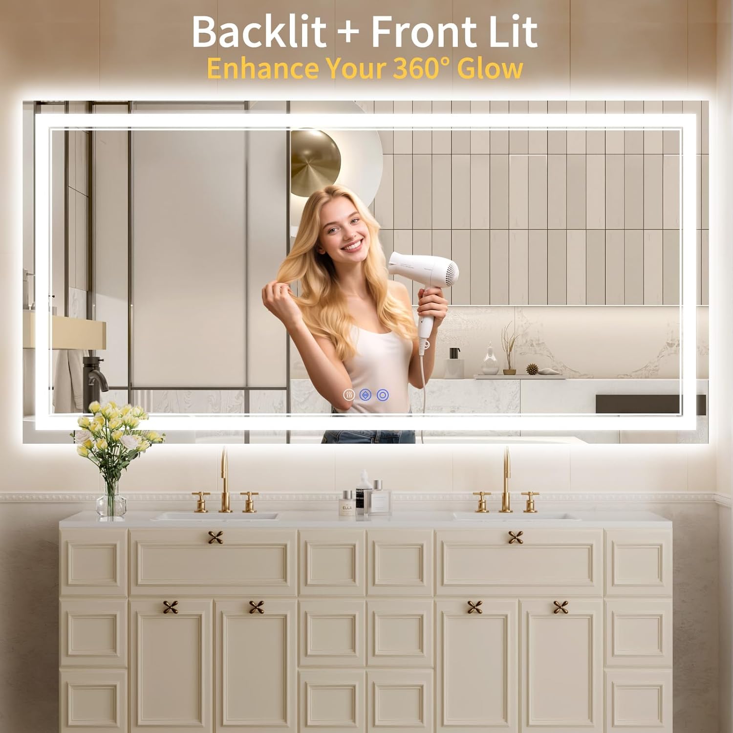 36"x72" LED Bathroom Mirror with Lights, Anti-Fog, Backlit + Front Lit, Dimmable, Led Vanity Mirror for Wall, Lighted Bathroom Mirror, 3 Colors, Shatter-Proof Tempered Glass