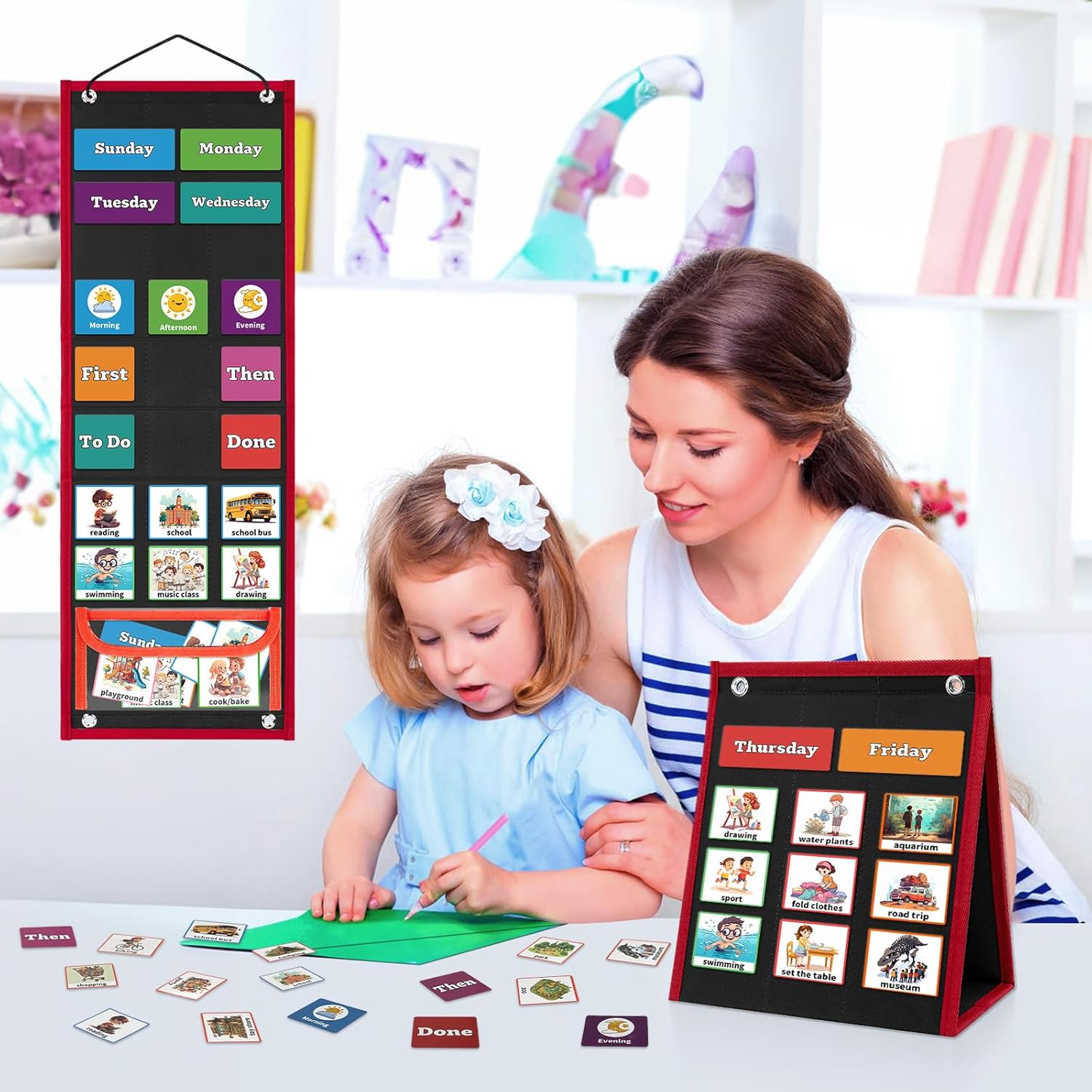 Visual Schedule for Kids Chore Chart，2 in 1 Daily Schedule Board Routine Pocket Chart Cards for Toddlers,Autism Learning Materials Tool Wall Planner for Home School with 103 Cards （Black）